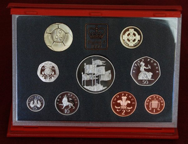1996 Proof Set.<br />The £2 coin (old style) commemorated the European Football Championships staged in England.<br />The £5 coin (centre) commemorated the Queen's 70th birthday