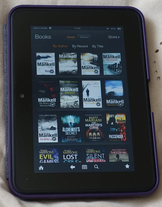 Kindle Fire HD showing by 'Author' as stored on the 'Cloud'. This page scrolls